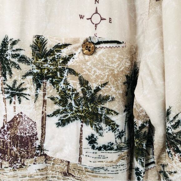 Havana Jack’s Cafe Hawaiian Shirt Small Aloha Tan Palm Tree Beach Coconut Bttns - Picture 8 of 9